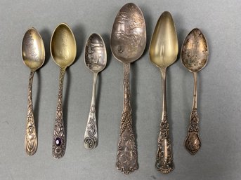 Six Amazing Antique Or Vintage Sterling Silver Teaspoons & Collector Spoons, 72 Grams