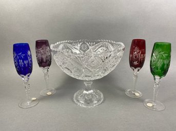 Set Of Four Colored Crystal Wine Champagne Glasses And A Large Crystal Compote