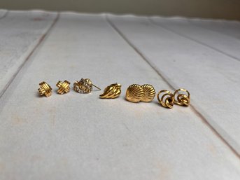 Five Pairs Of Stunning Gold Earrings- Seashell, Basketweave, Linking Hoops, And More