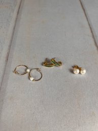 Three Beautiful Gold Earrings- Two With Pearl Accents And One With Blue Gemstone Accents