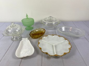 Miscellaneous Vintage Glassware Including A Milk Glass Divided Plate & A Clear Baking Dish With Lid