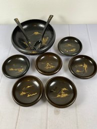 Set Of Six MCM Lacquered Wood Individual Bowls And A Serving Bowl