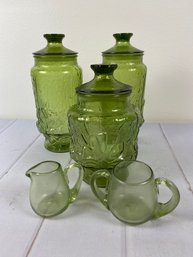 Vintage Set Of Three Green Glass Mid-Century Canisters With Glass Creamer And Open Sugar Bowl