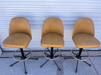 Three Great Retro Mustard Colored Spinning Barstools With Vinyl Upholstery