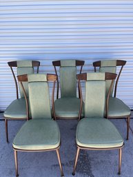 Amazing Set Of Five MCM Sage Green Chairs With Wooden And Bronze Metal Accents