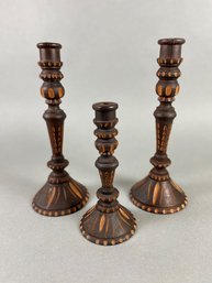 Set Of 3 Hand Carved, Wooden Candlesticks, South America, Guatemala