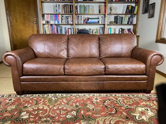 Gorgeous Warm Brown Leather Couch Sofa, Ethan Allen