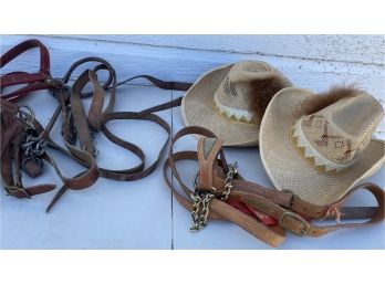 Set Of 4 Horse Bridles Or Leads And 2 Vintage Straw Hats
