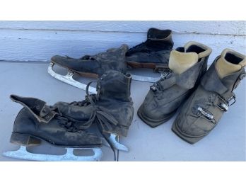 Two Pairs Of Black Leather Vintage Ice Skates, Icecablades, Union Hardware & A Pair Of Zenith Brand Ski Boots