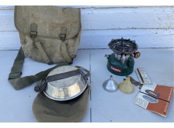 Vintage Boy Scout Mess Kit, Canvas Bag And Coleman Single Burner Camp Stove