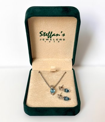 Stunning Blue Topaz 14k White Gold Earrings And Necklace