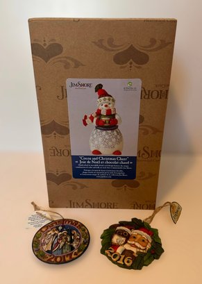 Jim Shore Cocoa And Christmas Cheer Snowman And 2 Jim Shore Ornaments