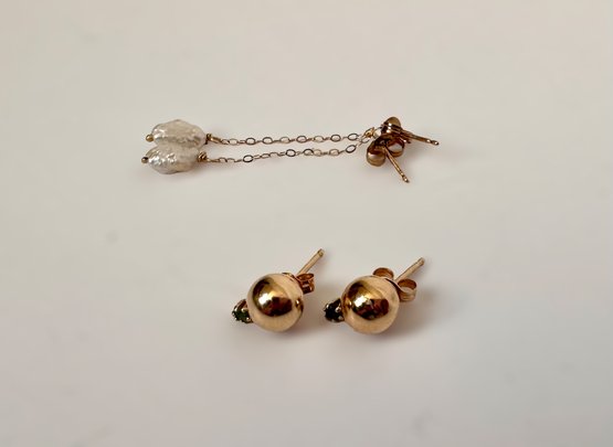 Beautiful 10k Gold Ball Earrings W/ Emerald Accents And 10k Gold Dangle Earrings