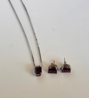 Gorgeous 14k White Gold Necklace W/ Garnet Stone And Matching Earrings