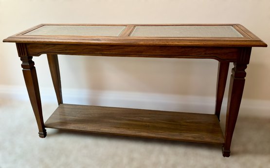 Beautiful Two-tiered Wooden Console Table W/ Floral Designed Glass Top-shelf