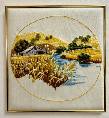 Wonderful Golden Framed Hand-stitched Embroidered Farm Landscape Scene