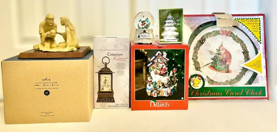Stunning Assortment Of Christmas Decorations W/ Clock, Snow Globe, Lantern, Small Tree, & Statues - Lot Of 6