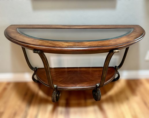 Beautiful Two-tiered Sofa Table W/ Bronze Cast Iron Legs, Wooden Frame, & Glass Top