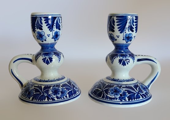 Rare Delft Hand Painted Porcelain Candle Stick Holders