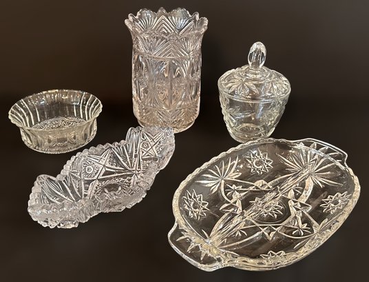 Exquisite Cut Glass Serving Dishes, Sugar Bowl/candy Jar And Flower Vase