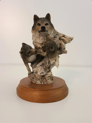 Beautiful Wolf Sculpture W/ Parent And Two Kids Titled Peaceful Play