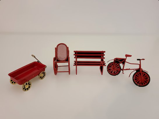 Miniature Red Set W/ Rocking Chair, Bench, Bike, And Wagon