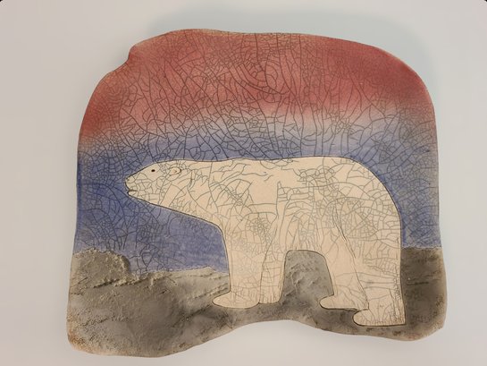 Original Signed Clay Wall Art W/ Polar Bear On Red And Blue Background