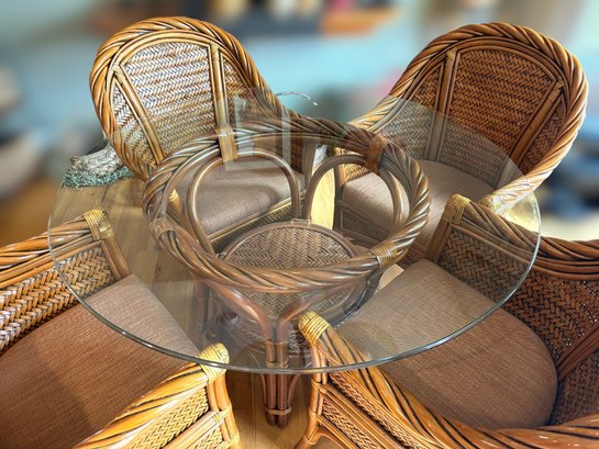 Boho Chic Wooden Wicker Dining Set With A Unique Glass Table