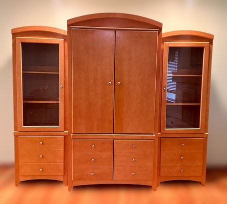 Stunning Wood Entertainment Center With Light Up Spacious Shelving