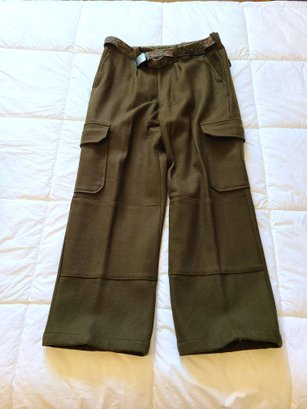 Dark Green Wool Wide Leg Cargo Pants
