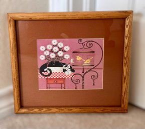 Vintage Cat And Bird Print In Wood Frame