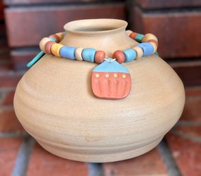 Beautifully Crafted Pottery Vase W/ Beads Signed By Artist