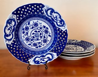 Stunning Blue And White Lattice Made In China Plates - Set Of 4