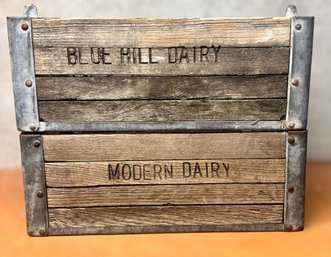 Vintage Blue Hill Dairy And Modern Dairy Milk Carrier Crates - Set Of 2