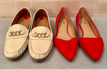 Unworn Cream Loafers W/ Gold Accents And Red Pointed Toe Flats