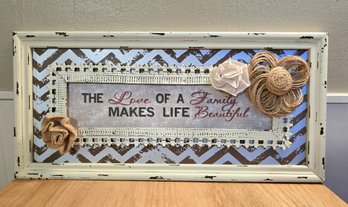 Country Chic Wall Decor Featuring Burlap And Linin Flowers With A Unique Wooden And Metal Frame