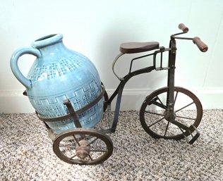 Vintage Wrought Iron Bike With Planter And A Beautiful Blue Vase. Lot Of 2 Items