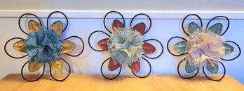 Shabby Chic Metal And Burlap Wall Flowers. Lot Of 3