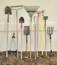 Amazing Assortment Of Yard Care Tools W/ Shovels, Rakes, & Lopper