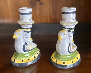 Hand Painted Portugal Folk Art Candle Holders - Set Of 2