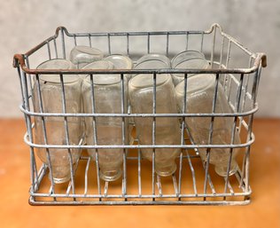 Vintage Metal Carrier Crate W/ 12 Glass Milk Jars