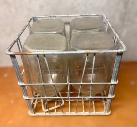 Vintage Metal Milk Crate W/ 4 Gallon Glass Milk Jugs