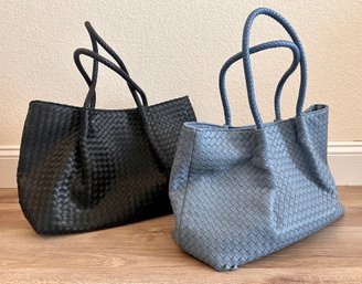 Black And Powder Blue Lulu Dharma Woven Tote Handbags