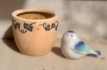 Tan And Navy Ceramic Pot And White And Blue Ceramic Blue Figurine