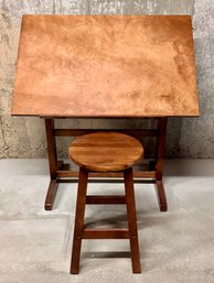 Vintage Wood Drafting Table And Stool