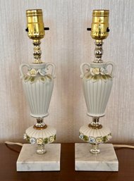 Vintage Porcelain Floral And Marble Table Lamps - Set Of 2