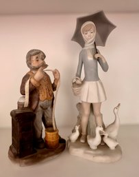 Lladro Girl W/ Geese & Aroco Man Figurines - Lot Of 2