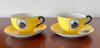 Unique Vintage Yellow W/ Ship Made In Japan Cup And Saucer Set - Set Of 2