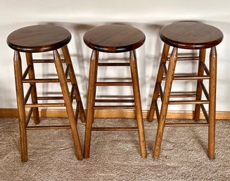 Vintage Wood Bar Stools - Set Of 3