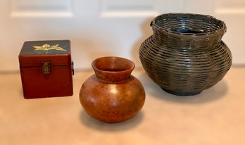 Decorative Assortment Of Vases And Miniature Wooden Chest